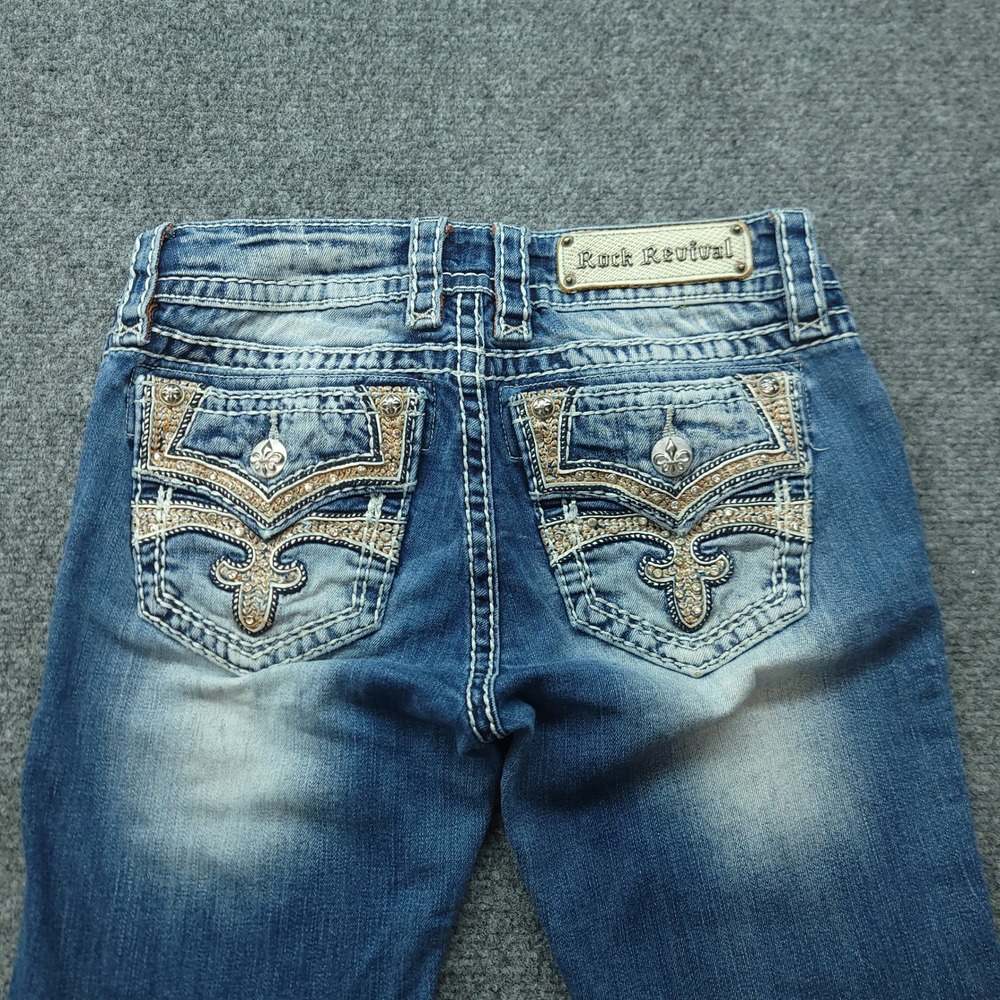 Rock Revival Celinda Cuffed Skinny Jeans Blue Embellished Pocket Size 28